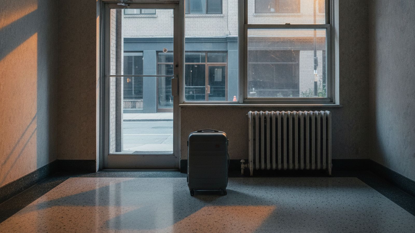 A single suitcase standing by the glass door of an empty apartment building lobby in cold early light, terrazzo floor and a radiator, nobody present