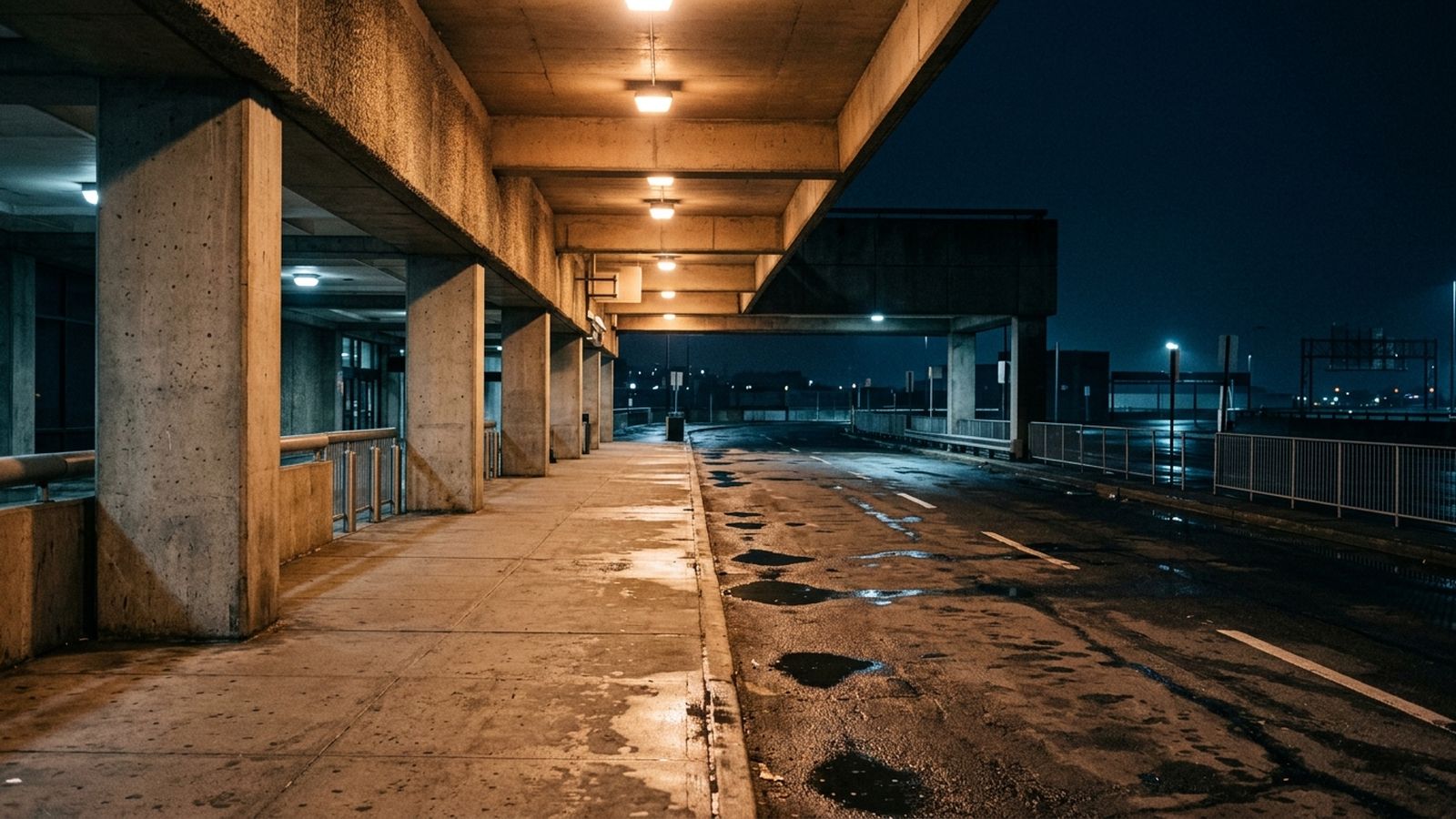 A covered arrivals walkway at an airport at night, concrete columns beside a painted roadway with puddles reflecting the lights, completely empty