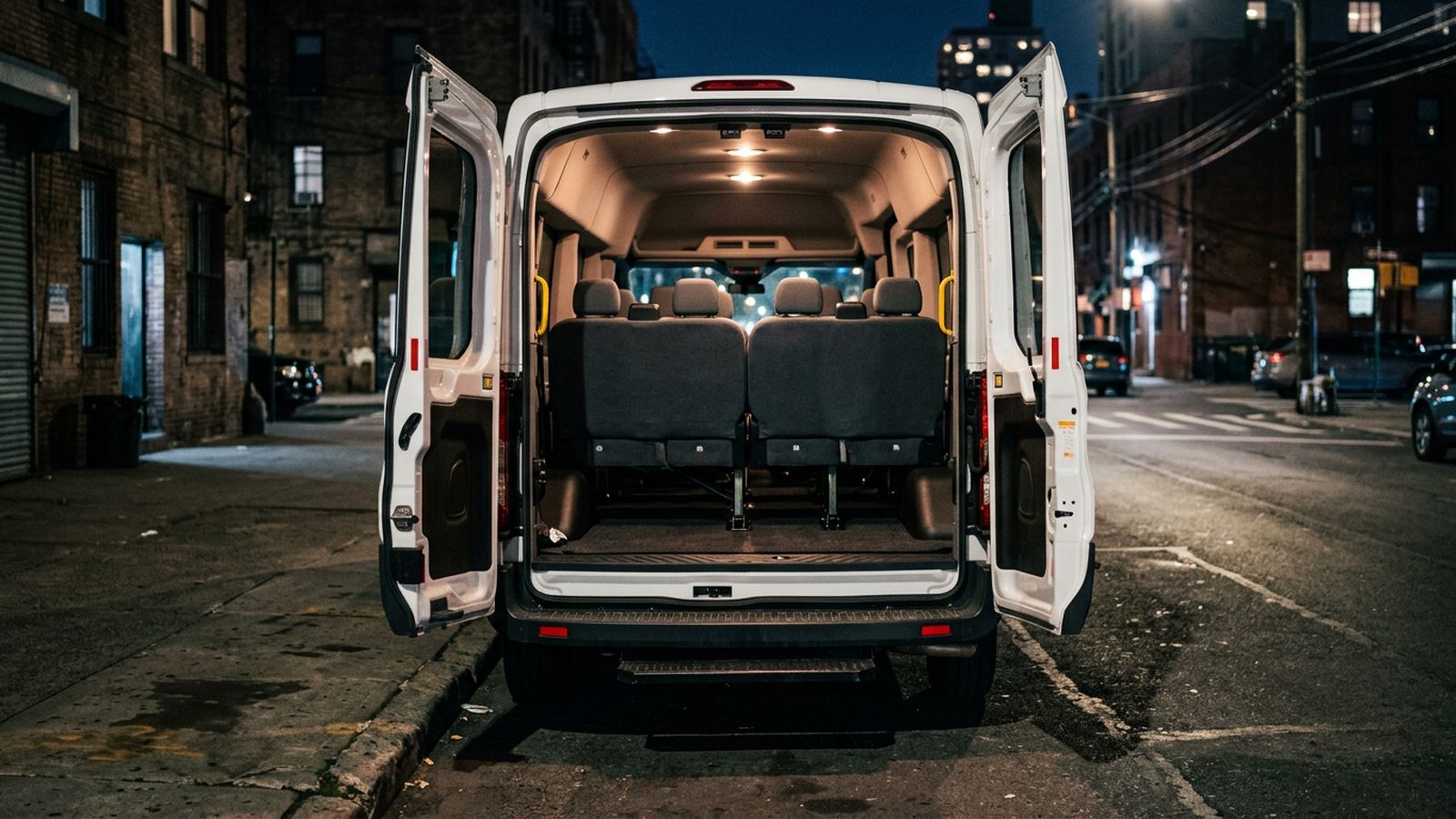 The open rear doors of an unmarked white passenger van at a city kerb at night, three rows of empty seats inside under the interior light and a clear luggage floor behind the last row, no logos or plates in frame
